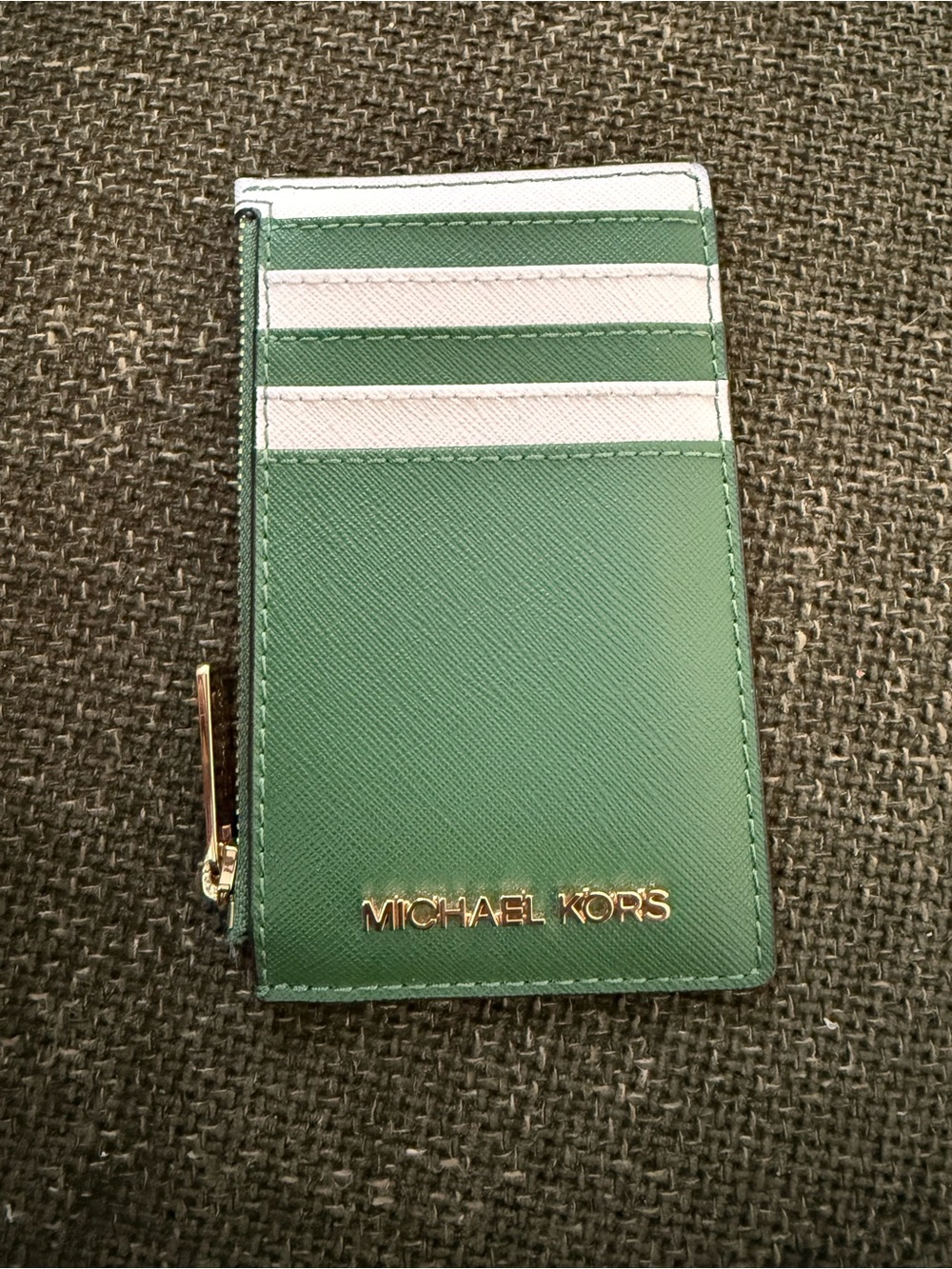 Michael Kors Green and White Stripe Saffiano Card Holder with Zip